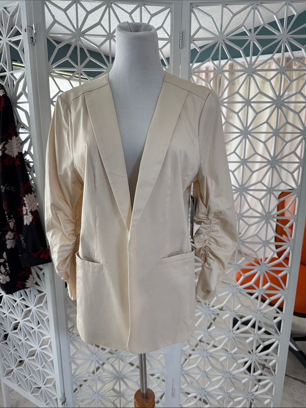 Skies Are Blue Cream Open-Front Blazer with Ruched Sleeves